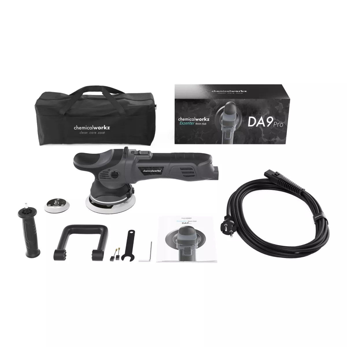 Vista panoramica di borsa e componentistiche DA9 Pro Chemicalworkz: lucidatrice, impugnatura, cavo, chiavi, spazzole di ricambio, platorelli, manuale di istruzioni