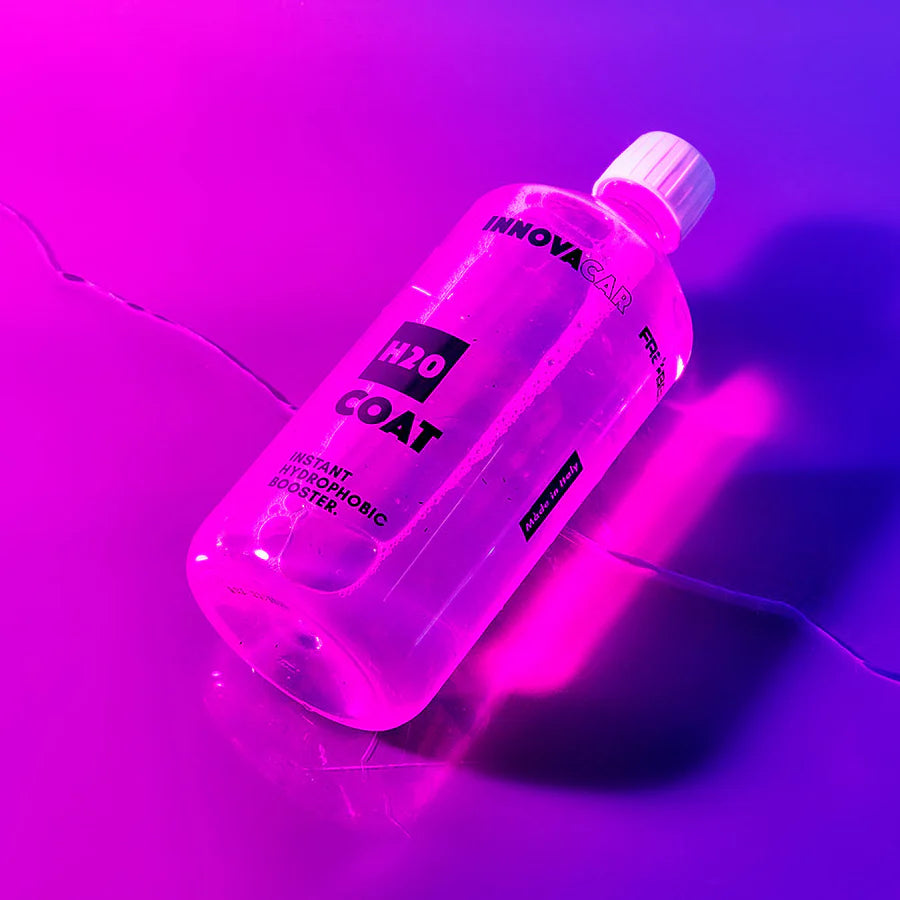 Fotostilistica di bottiglia trattamento irorepellente auto H20 Innovacar su sfondo viola e rosa