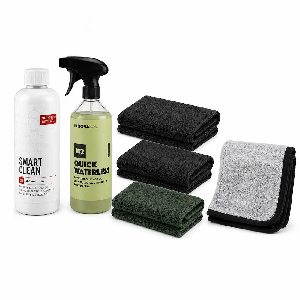 Kit per la pulizia sicura e cura di moto e scooter con l'utilizzo di poca acqua 