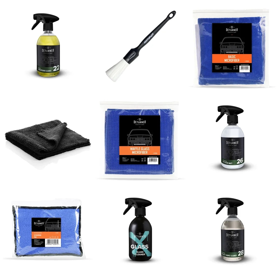 Kit con tutto il necessario per pulire e proteggere in modo professionale  tutte le superfici dell'abitacolo