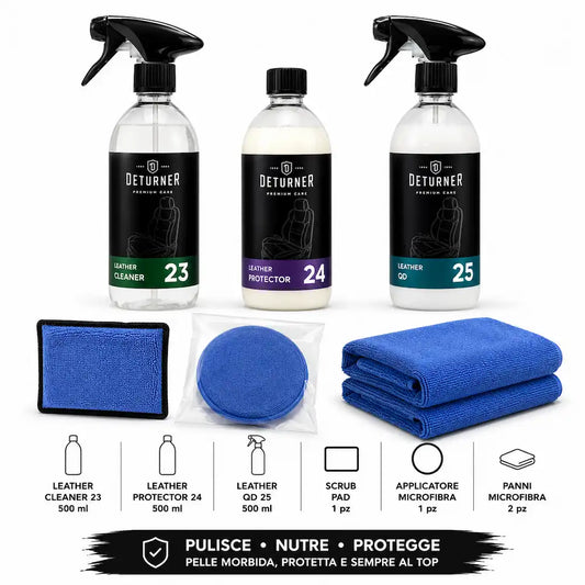 Kit completo per la pulizia, protezione e manutenzione ordinaria della pelle interni auto