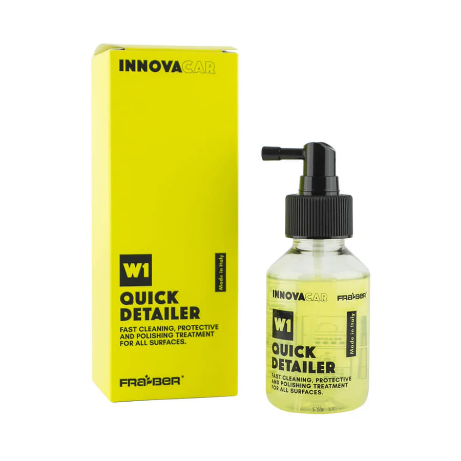 Innovacar W01 Quick detailer nella sua bottiglia con spruzzino da 100ml e scatola e liquido giallo