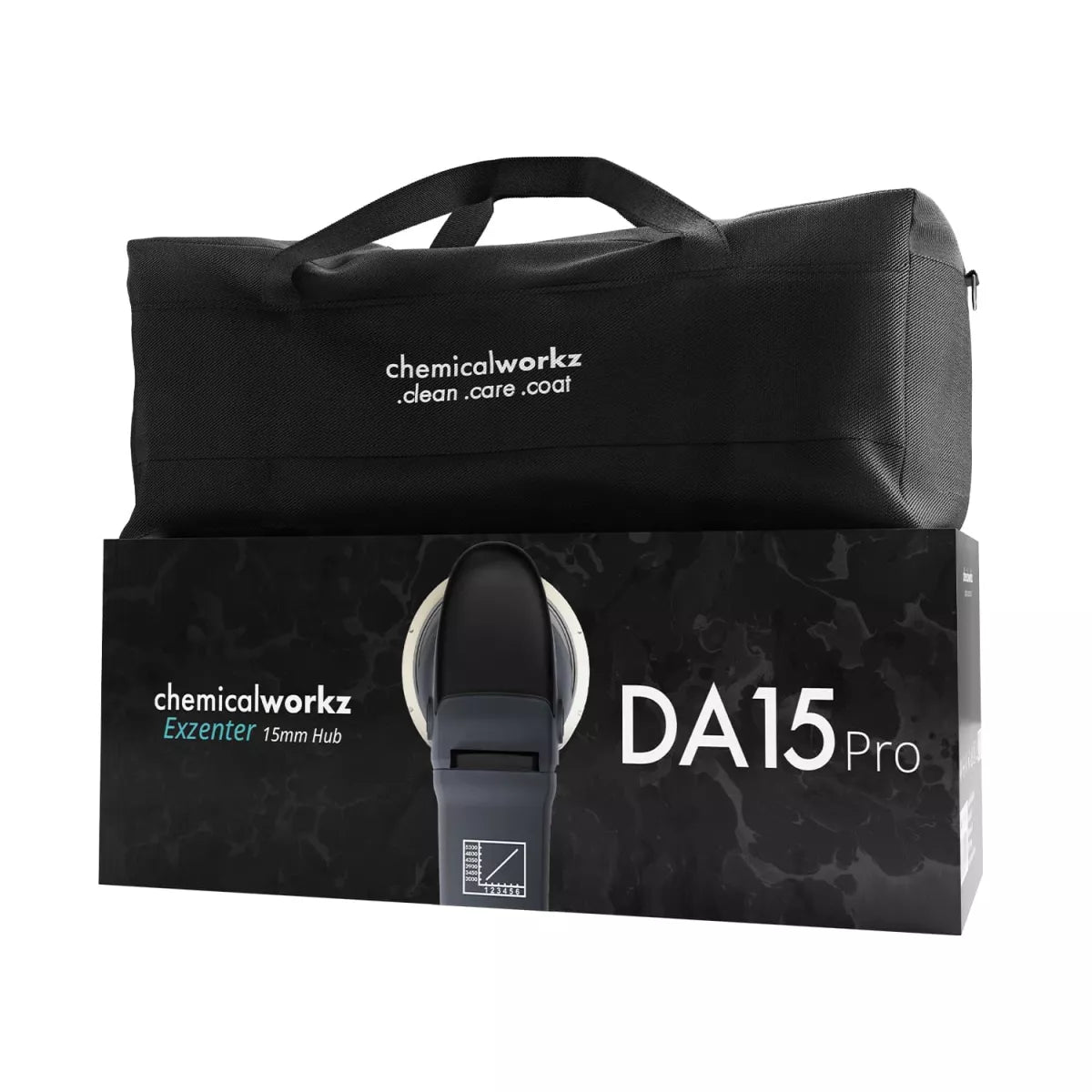 Lucidatrice rotorbitale chemicalworkz DA 15 pro nella sua borsa di trasporto poggiata sulla scatola della confezione