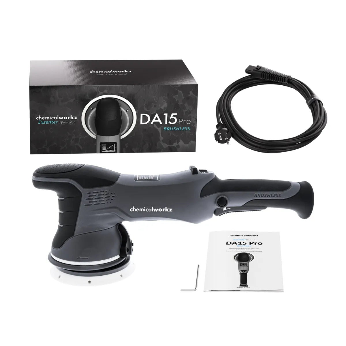Lucidatrice rotorbitale 15mm brushless Chemicalworkz vista esplosa dei componenti della scat: cavo,  manuale, chiave e scatola