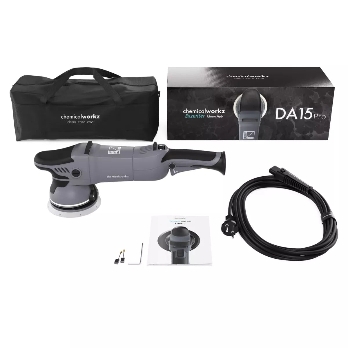 Lucidatrice rotorbitale chemicalworkz DA 15 pro vista della confezone della borsa e del contenuto (cavo, manuale, spazzole di ricambio)