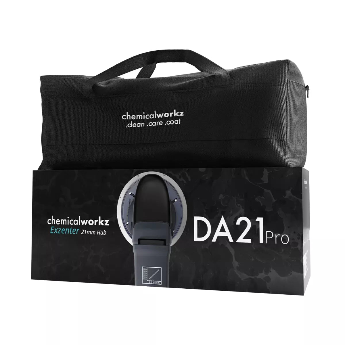 Lucidatrice rotorbitale chemicalworkz DA21 pro borsa di trasporto poggiata su scatola di confezione 
