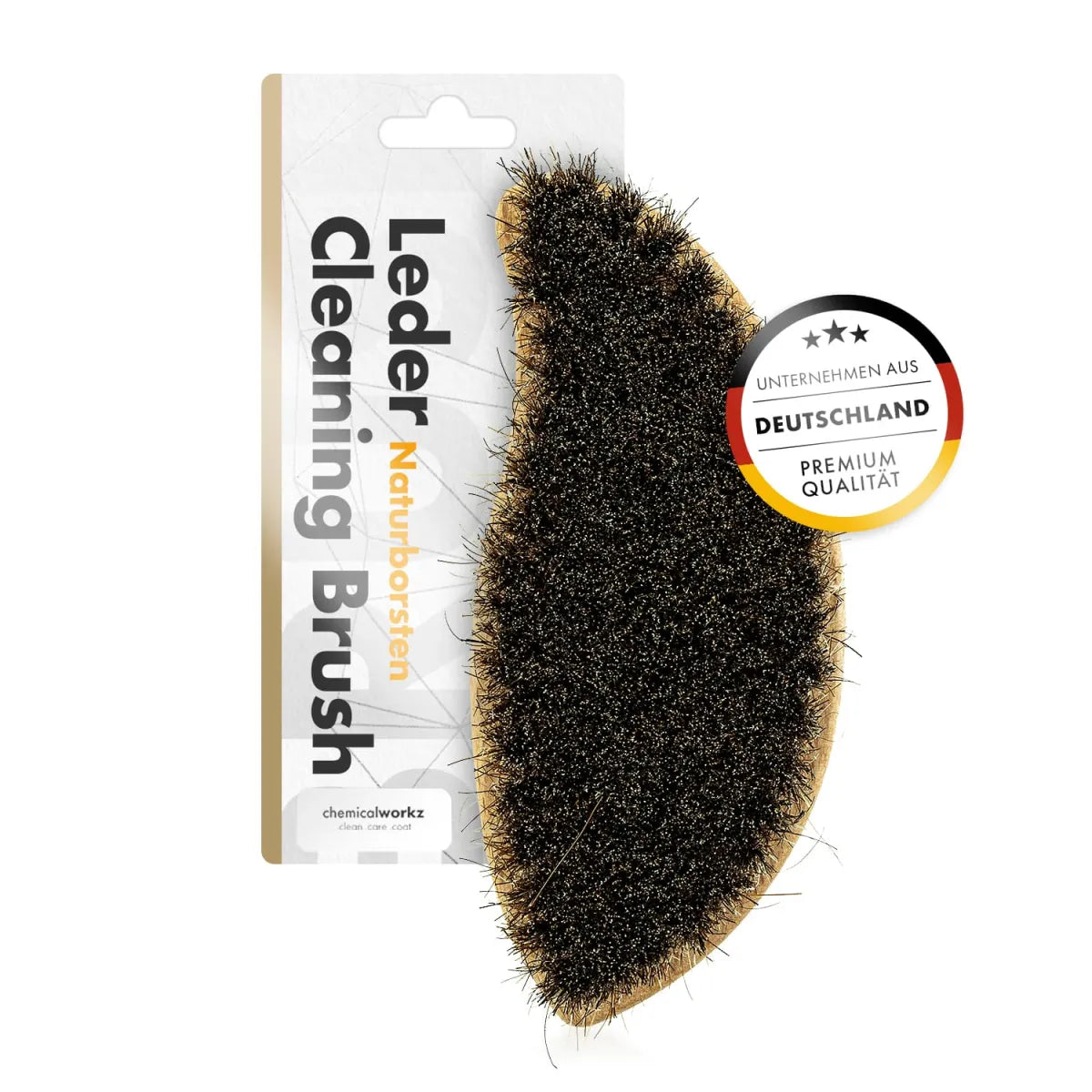Spazzola delicata per pulizia pelle e tessuti Chemicalworkz leather cleaning brush. Vista lato setole con confezione sul retro