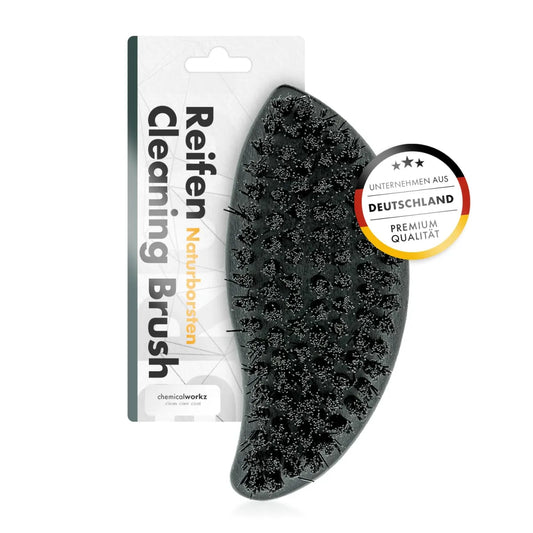 Spazzola per pulizia pneumatici e gomme Chemicalworkz Tire Cleaning brush. Vista lato setole con confezione sul retro