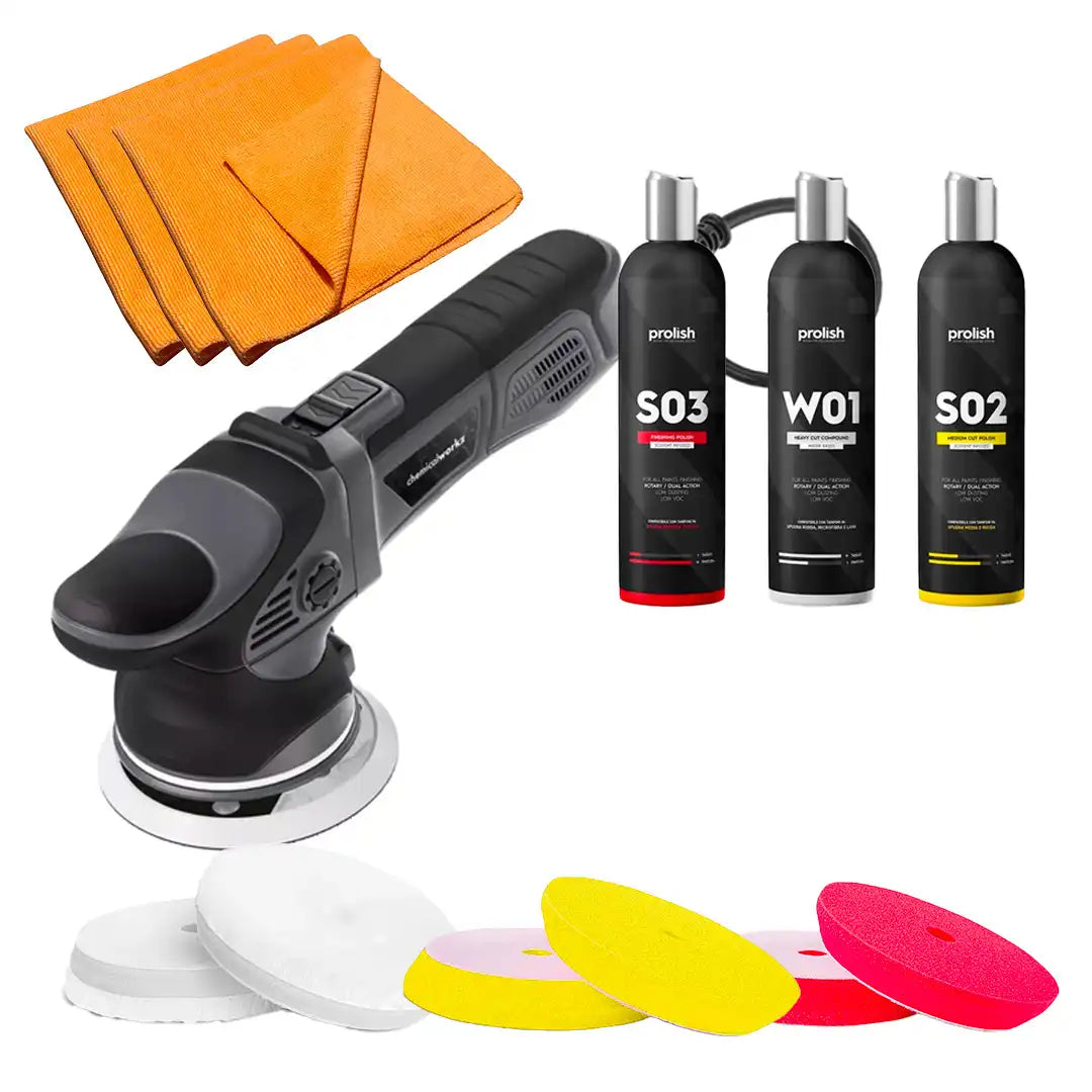 kit lucidatura auto a 3 step con lucidatrice da9 tre tamponi e tre polish della prolish